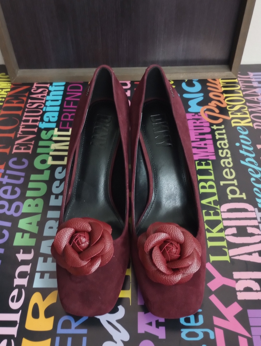 Divine DKNY Burgundy Suede Pumps with Rose Accent